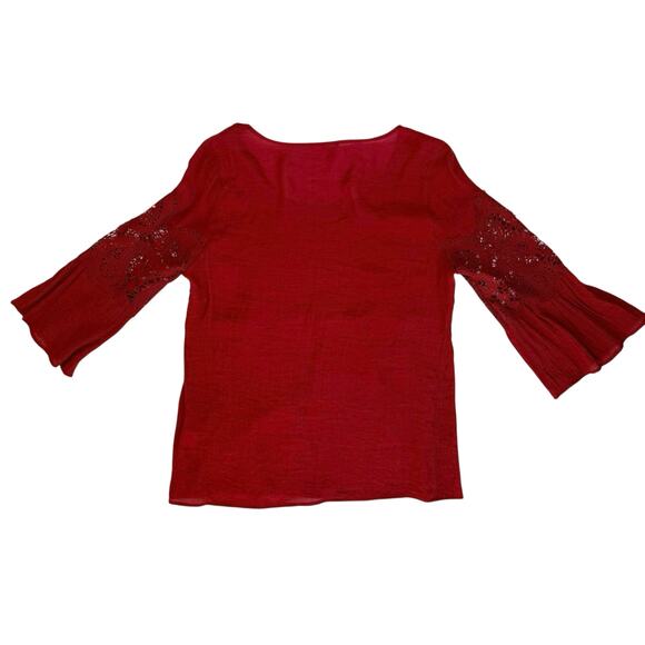 Rust Red Emroidered Womens Boho Blouse Small Gauze Lace Bell Sleeve Fairy Grunge - Picture 12 of 16
